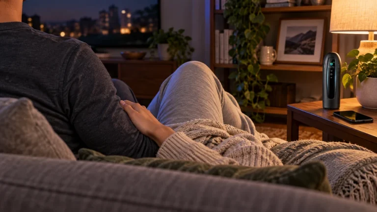 A couple relaxes together while Pulse and a dark-screen phone sit nearby.
