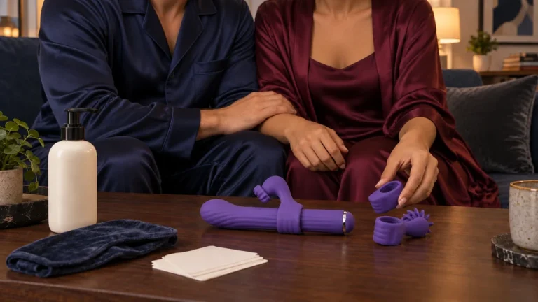 A couple in satin nightwear curates a shared intimacy kit together.