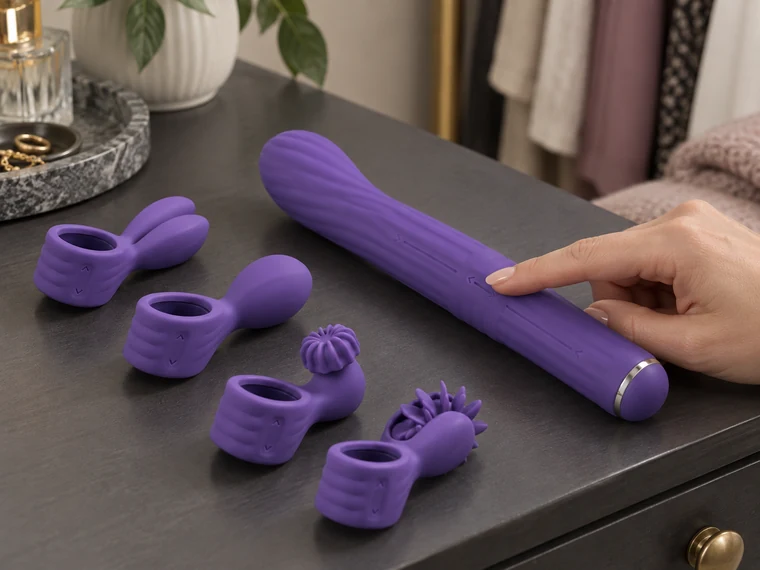 A hand adjusts the Wave controls beside its interchangeable attachments.