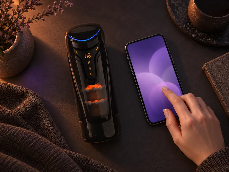 Black automatic male masturbator beside a smartphone with a purple screen