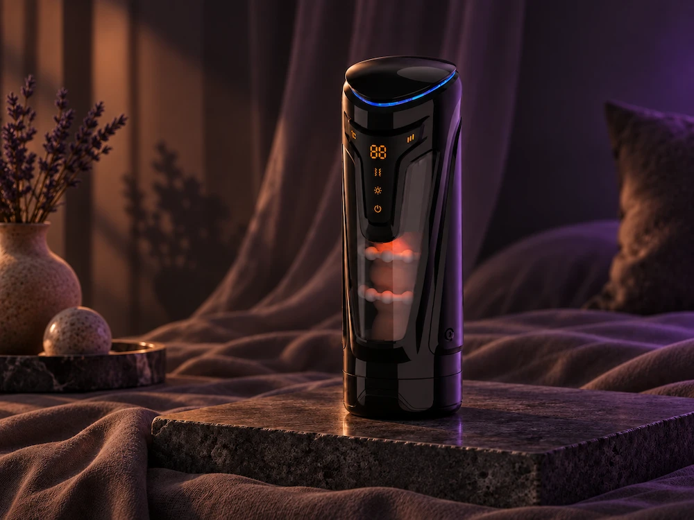 Black automatic male masturbator on a stone plinth in a dimly lit bedroom