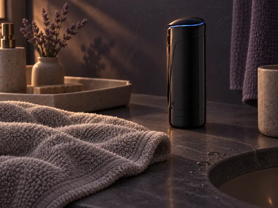 Closed automatic male masturbator on a bathroom counter beside a towel