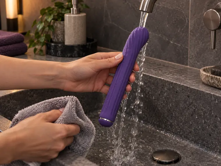 Adult hands rinse a purple Secheal Wave wand under running water in a home bathroom.