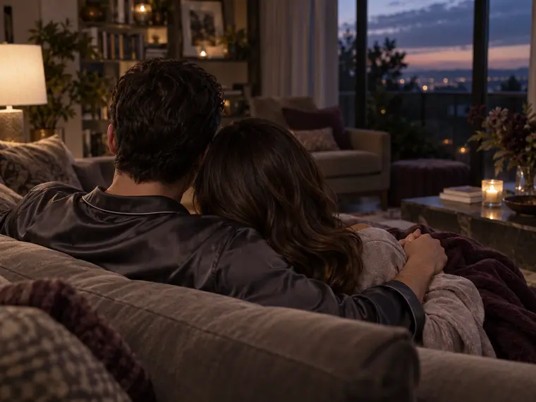 Two adults sit closely together on a sofa with an arm around each other.