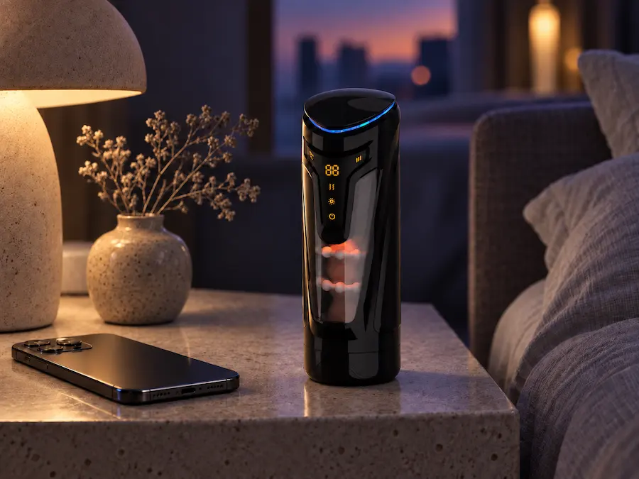 Remote-control male sex toy beside a phone.