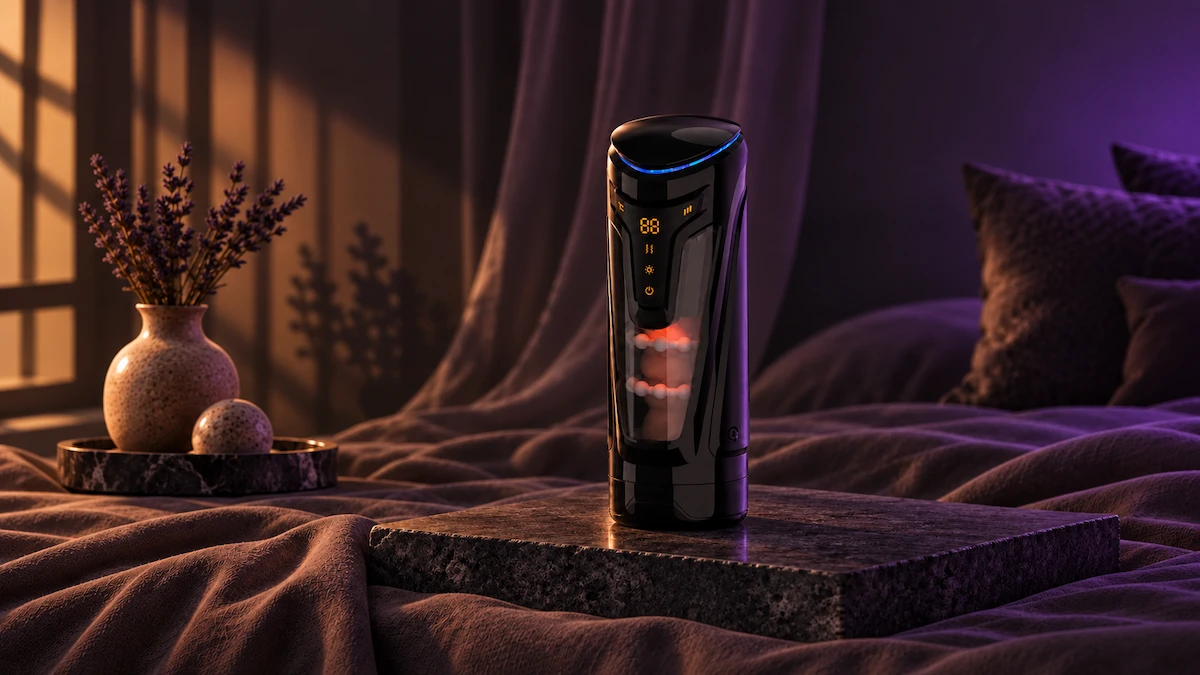 Black automatic male masturbator on a stone plinth in a dimly lit bedroom